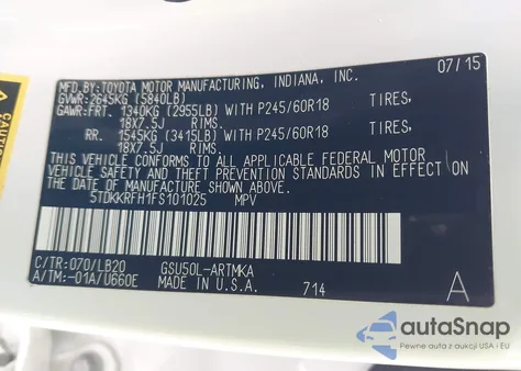 2015 Toyota Highlander Xle V6 из США, поврежденный, VIN 5TDKKRFH1FS101025